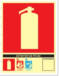 Placa Extintor de Pó BC — Classes de Fogo Medidas: 20 × 27 cm